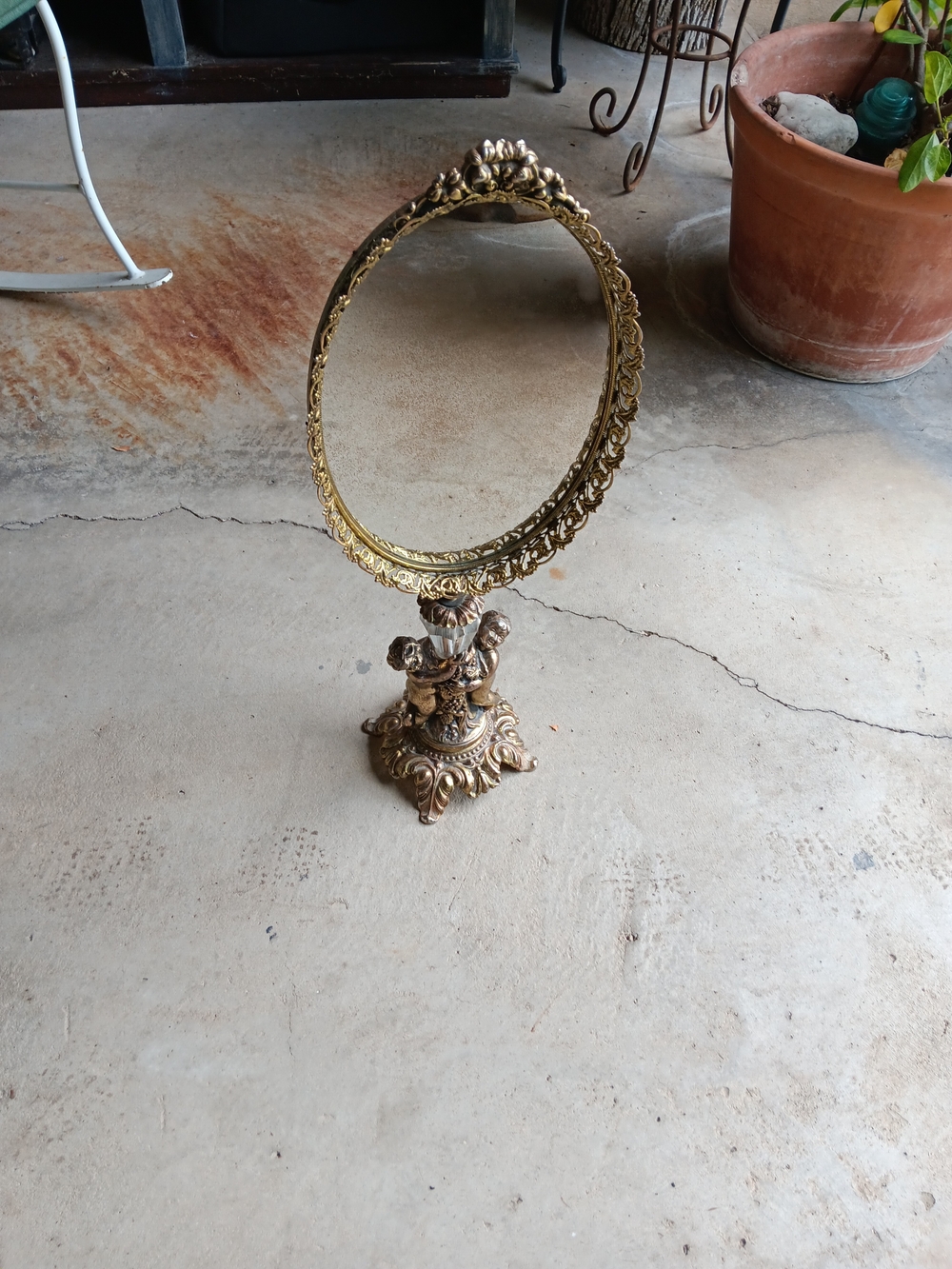 Vintage Ornate Victorian Cherub Brass Vanity Mirror 21"